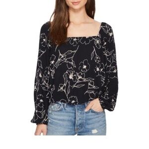 Billabong Smocked Cropped Blouse Women’s Long Sleeve Navy Botanical medium